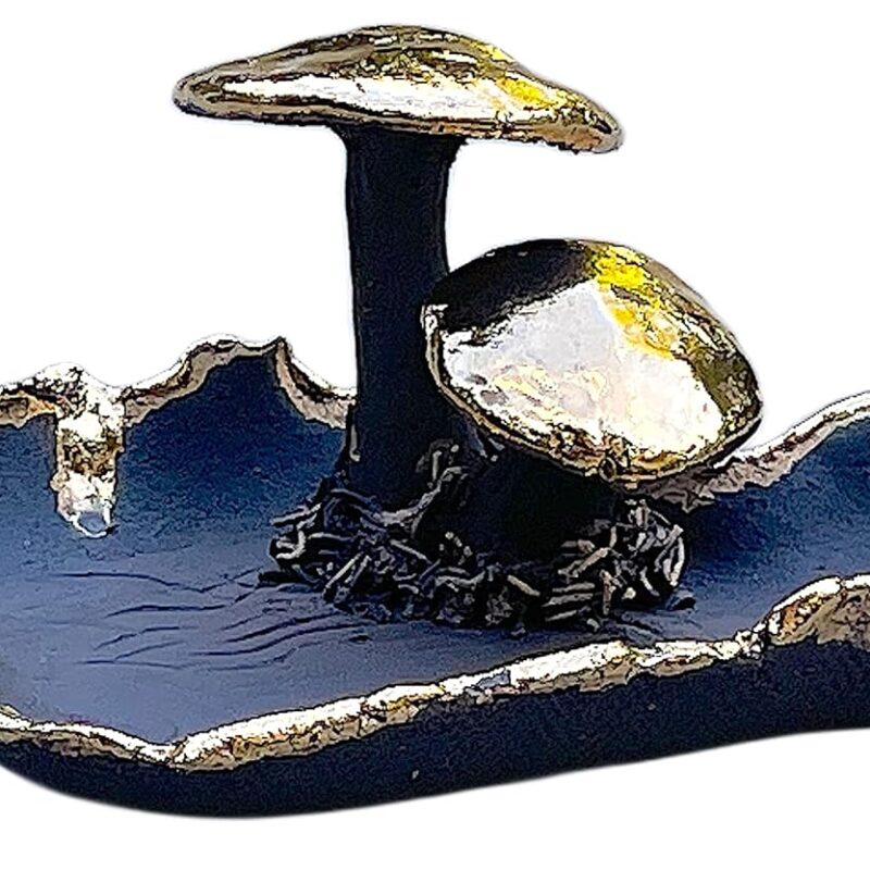 Gold and Black Clay Mushroom Ring Dish, Handmade Ceramic Jewelry Holder, Unique Gift for Women Men Him Her Bride Groom Mom on Birthday, Wedding, Engagement, Anniversary, Bridal Shower
