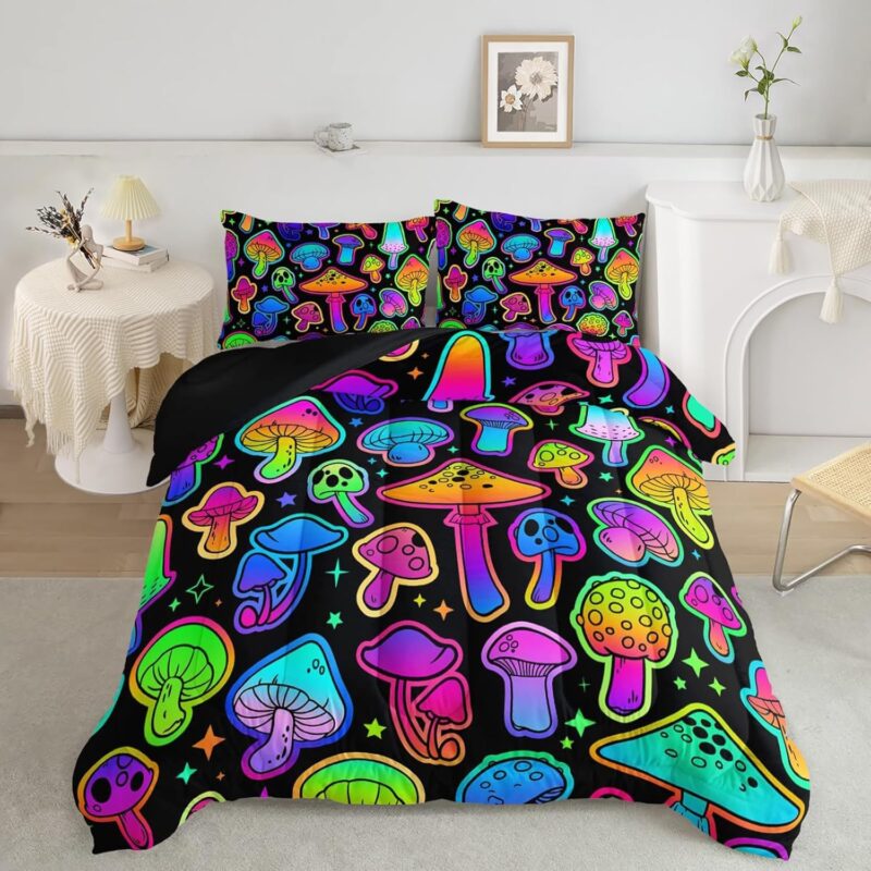 Mushroom Comforter Set Kids Bedding Set Queen,3Pcs Colorful Soft Black Gradient Mushroom Quilt Set Bed in A Bag with 1 Comforter 2 Pillowcases for Kids Boys Girls Teens Adults Room Decor All Season