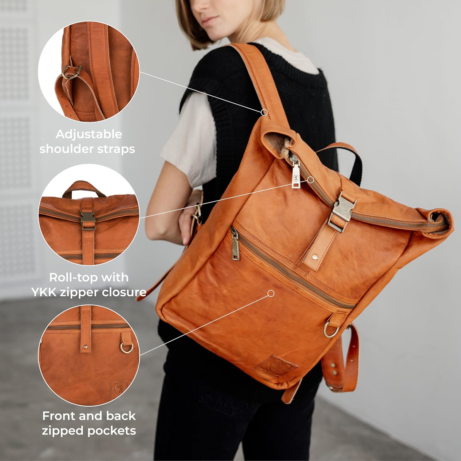 81PMmsc9krL._AC_SL1500_.jpg BERLINER BAGS Vintage Genuine Leather Backpack Utrecht M, Laptop Backpack, Travel Backpack for Women and Men - Brown - Image 5