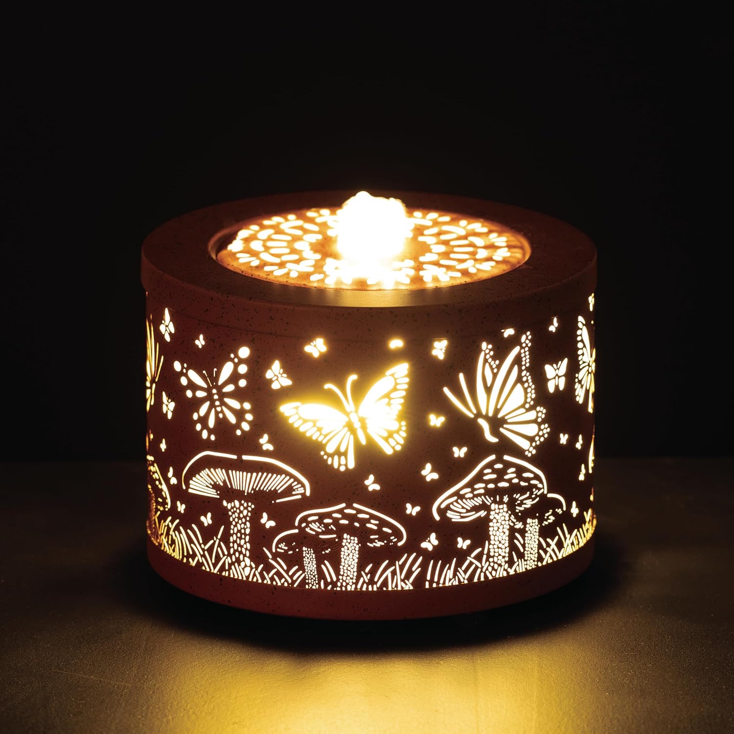 81QJU312VL._AC_SL1500_.jpg Sullivans Home Décor, Tabletop Fountain, Copper Butterfly & Mushroom Pierced Metal Design, 5.25" Auto Pump LED Indoor Outdoor Table Décor Office Shelf Mantel Decorations, Garden Patio Outdoor Decor - Image 4