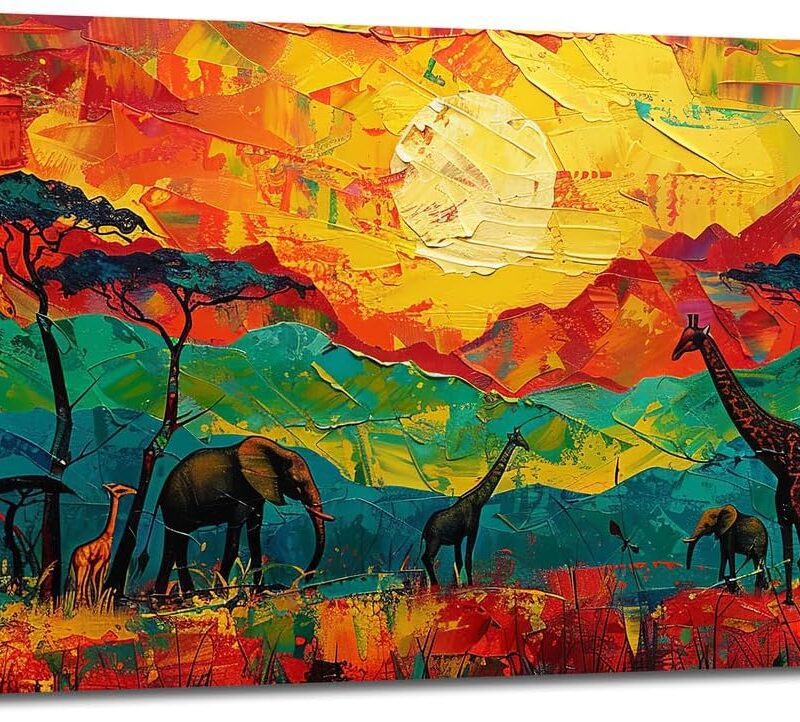 Large African Animal Wall Art Giraffe Elephant Canvas Oversize Living Room Kitchen Pictures Framed Prints Sunset Impressionism Wall Decor Painting Artwork for Dining Office Home 60"x30"