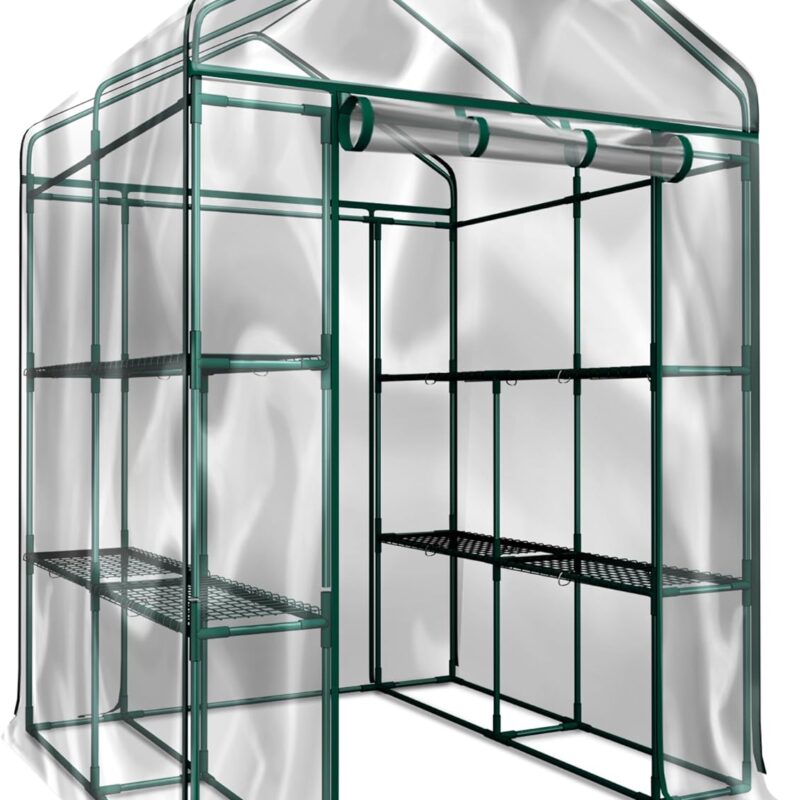 Greenhouse - Walk in Greenhouse with 8 Sturdy Shelves and PVC Cover for Indoor or Outdoor Use - 56 x 56 x 76-Inch Green House by Home-Complete
