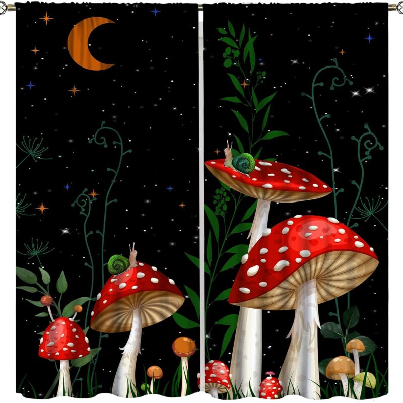Mushroom Curtains,Dream Forest Plants Beautiful Moon Animals Snails Printed Curtains Home Bedroom Living Room Kitchen Blackout Curtains 63x72in