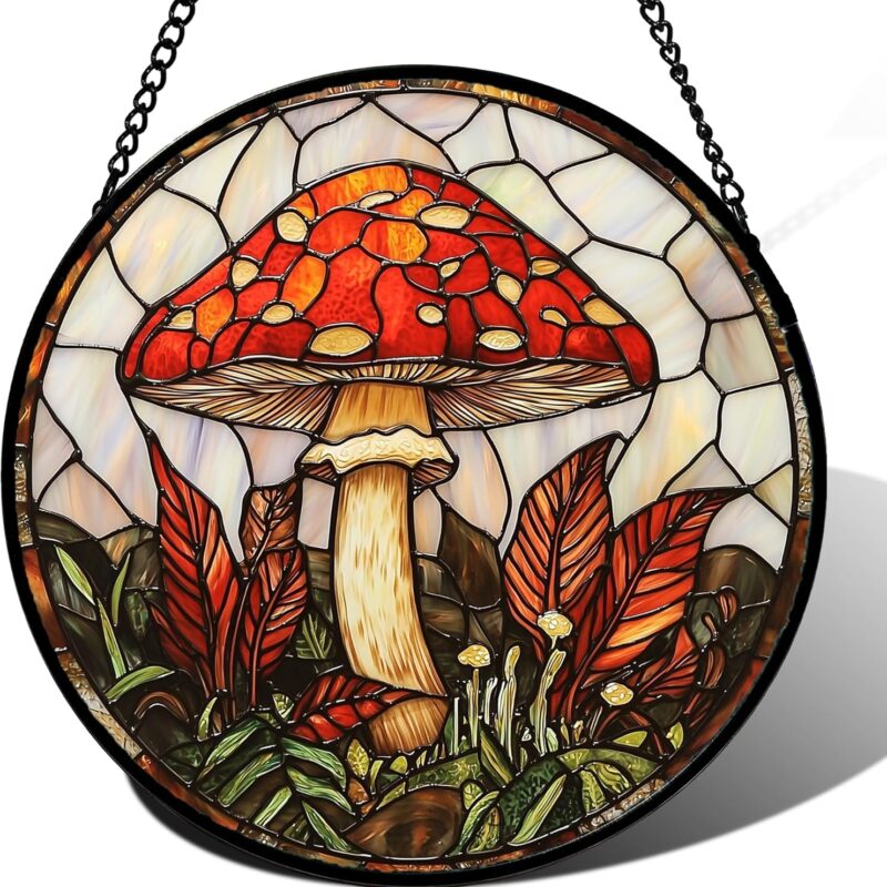 Stained Glass Window Hanging, Big Red Mushroom Suncatcher for Doors Home Sun Catchers Decoration and Christmas, Mother's Day Birthday Gifts for Women, Men, and Mom 14.9x14.9 in