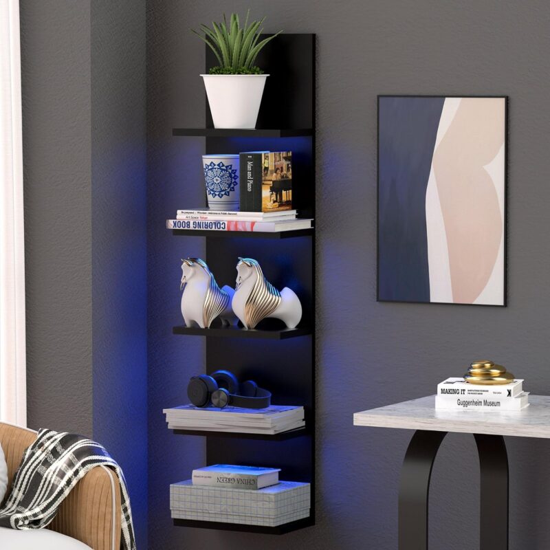 81Sf-obtAFL._AC_SL1500_.jpg 5 Tier Wall Shelf with RGB Light, Modern Wall Mount Lack Shelf, Vertical Column Shelf Floating Storage Home Decor Organizer Tall Tower Design Utility Shelf, Black