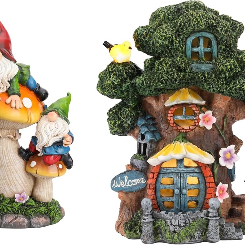 Garden Gnome Statue with Solar Lights Outdoor Decor Bundle(2 Items) | Gnome Climb on Mushroom and Tree Fairy House (2 Items)