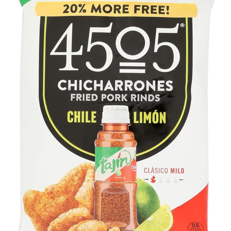 4505 Tajin Seasoned Chicharrones, Fried Pork Rinds - Chile Limon Mild Flavored Pork Skins - Low Carb, Gluten-Free, Protein Snack - 2.7oz (Pack of 12)