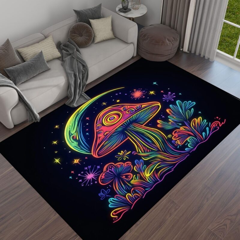 Mushroom Composition Dark neon Colored Leaves Triangle line Area Rug Outdoor Patio Rug Play Mat Modern Floor Carpet Non-Slip Home Decor Living Room Kids Bedroom Nursery, 6x9 ft