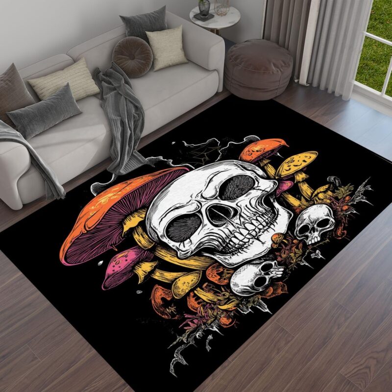 Skull Mushroom Hand Draw Coloring Area Rug Outdoor Patio Rug Play Mat Modern Floor Carpet Non-Slip Home Decor Living Room Kids Bedroom Nursery, 6x9 ft