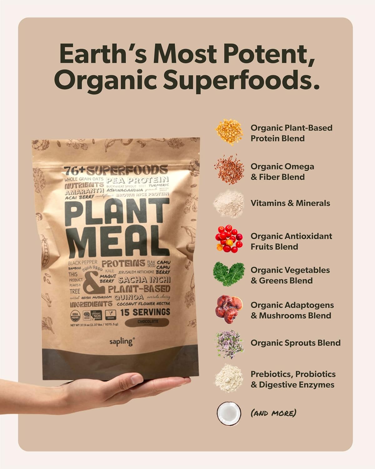 81UsIRxSYfL._SL1500_.jpg Plant Meal Replacement Shake - Chocolate - 25g of Plant Based Vegan Protein Powder, 76+ Organic Superfoods, Vitamins & Minerals, Mushrooms, Super Greens, Digestive Enzymes & Probiotics - 15 Servings - Image 5