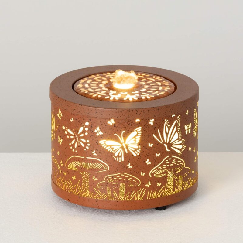 Sullivans Home Décor, Tabletop Fountain, Copper Butterfly & Mushroom Pierced Metal Design, 5.25" Auto Pump LED Indoor Outdoor Table Décor Office Shelf Mantel Decorations, Garden Patio Outdoor Decor