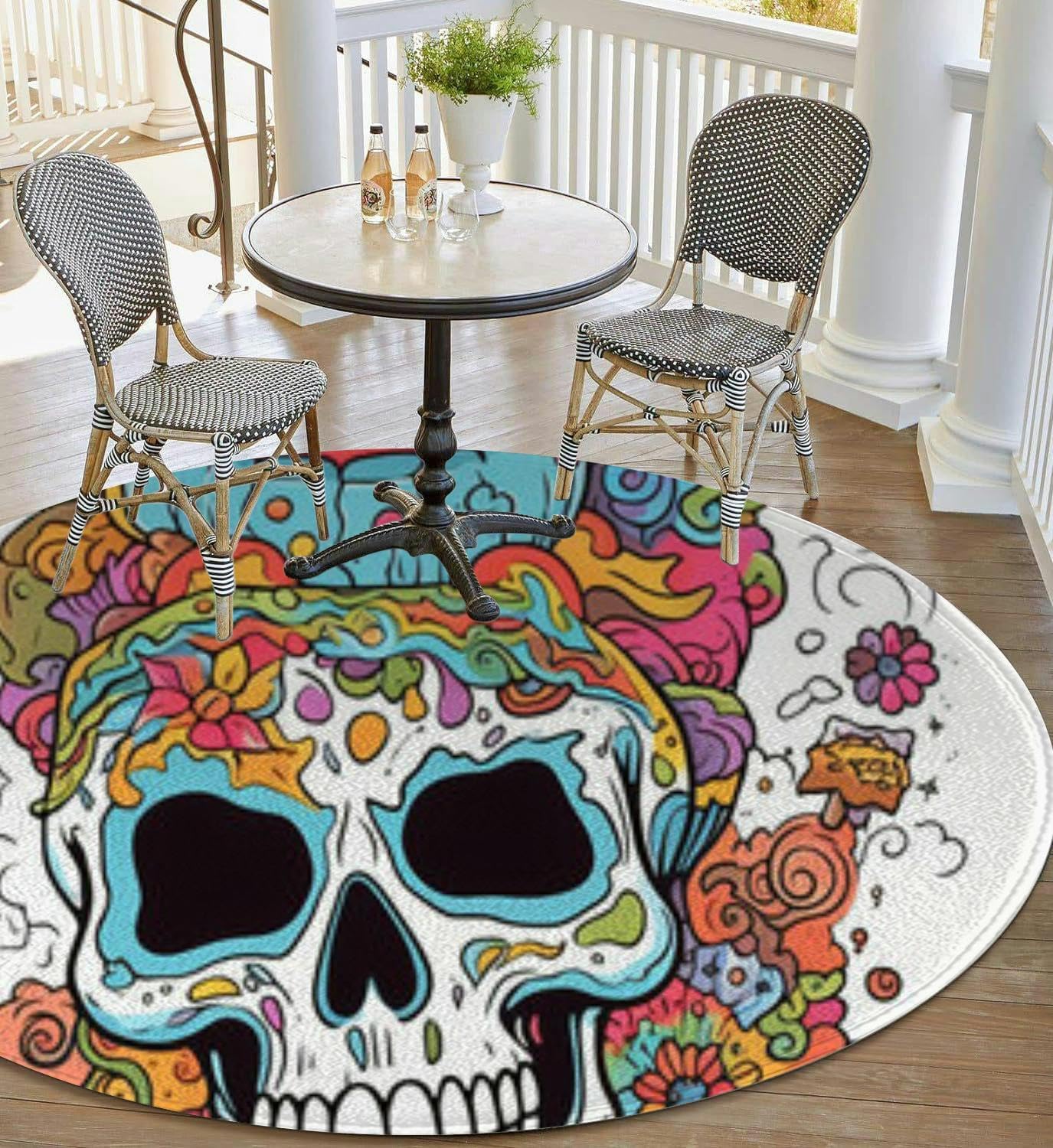 81V7xNdgtjL._AC_SL1500_.jpg Large Round Washable Area Rugs 5ft Cosmic Skull Wonderland Mushroom Fantasy Festival Colorful Tattoo Rugs for Bedroom Living Room Dining Room Table Kitchen Bathroom Entryway Circular Carpet - Image 2