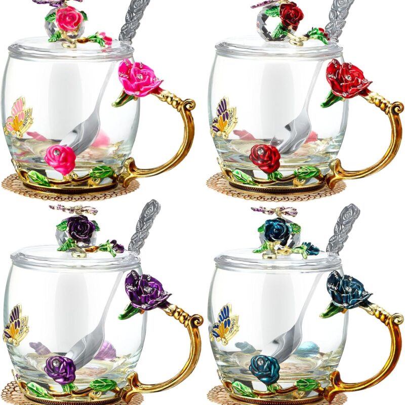 Nuanchu 4 Sets Flower Glass Tea Cups with Lids and Spoon Butterfly Vintage Glass Coffee Mugs Floral Fancy Clear Teacup for Mother's Day Women Mom Wife Girlfriend(Pink, Purple, Blue, Red,11 oz)