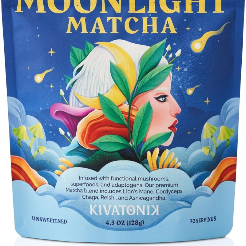 KIVATONIK Moonlight Matcha - Ceremonial Matcha with Organic Functional Mushrooms and Adaptogens - Lion's Mane, Cordyceps, Chaga, Reishi, and Ashwagandha (32 Servings, Lightly Sweetened)