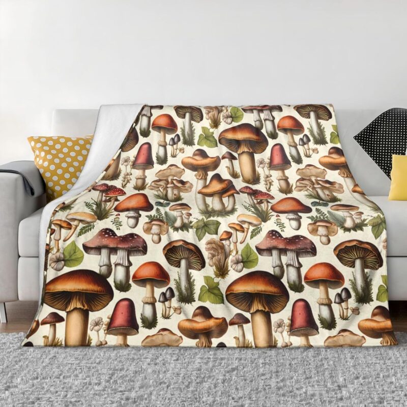 Vintage Wild Mushrooms Blanket Flannel Throw Blankets Soft Plush Blanket Air Conditioning Blankets for Women Men All Season 80"x60"