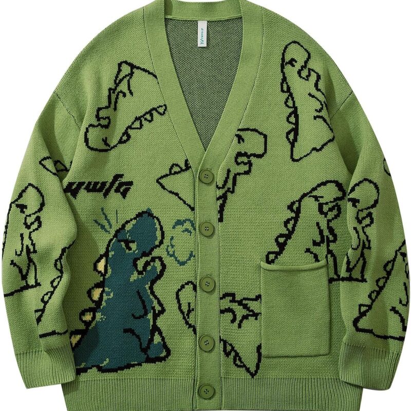 Flygo Mens Dinosaur Sweater Oversized Knitted Cartoon Button Down Sweater Cardigan