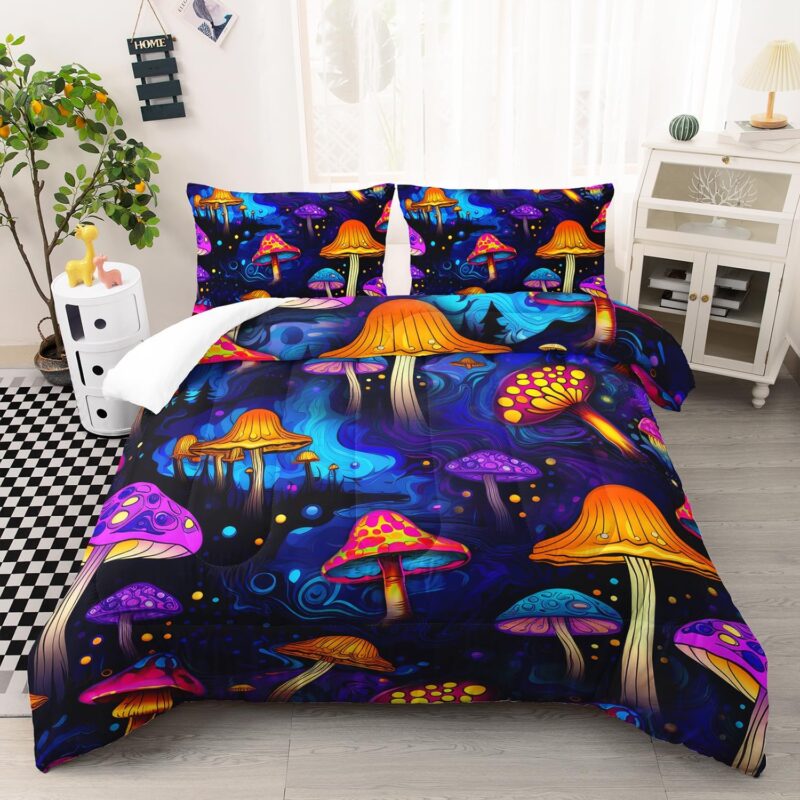 AILONEN Colorful Mushroom Comforter Set Queen Size, Cartoon Magic Mushroom Bedding Set for Kids Girls,Boys,Trippy Cartoon Tie Dye Theme Duvet Set,1 Quilt and 2 Pillowcases,3-Piece