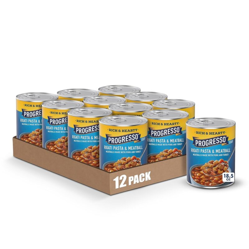 Progresso Rigati Pasta & Meatball Soup, Rich & Hearty Canned Soup, 18.5 oz (Pack of 12)