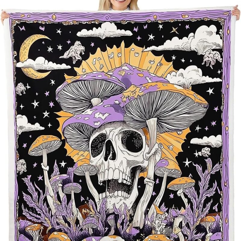 Erosebridal Mushroom Decor Skull Blanket Throw,Gothic Horror Skull Skeleton Blankets and Throws for Kids Boys Girls,Moon and Stars Mushroom Fleece Blanket Goth Spooky Halloween Blanket 90"x90"