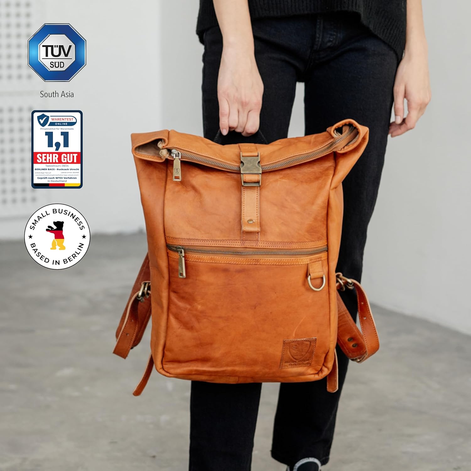 81ZGxYlUBTL._AC_SL1500_.jpg BERLINER BAGS Vintage Genuine Leather Backpack Utrecht M, Laptop Backpack, Travel Backpack for Women and Men - Brown - Image 3