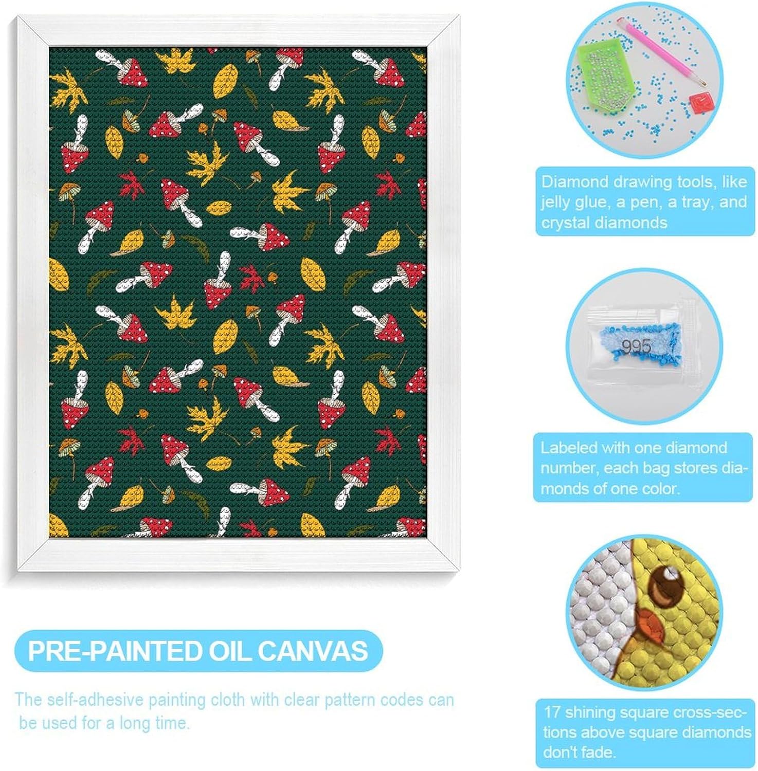 81a9sHwVd2L._AC_SL1500_.jpg Generic Fly Agaric Mushroom Diamond Drawing Kits, Gem Arts & Crafts Supplies with Frames, Cartoon Painting with Diamond, DIY Paint Supplies White Wood 40 * 50cm - Image 4