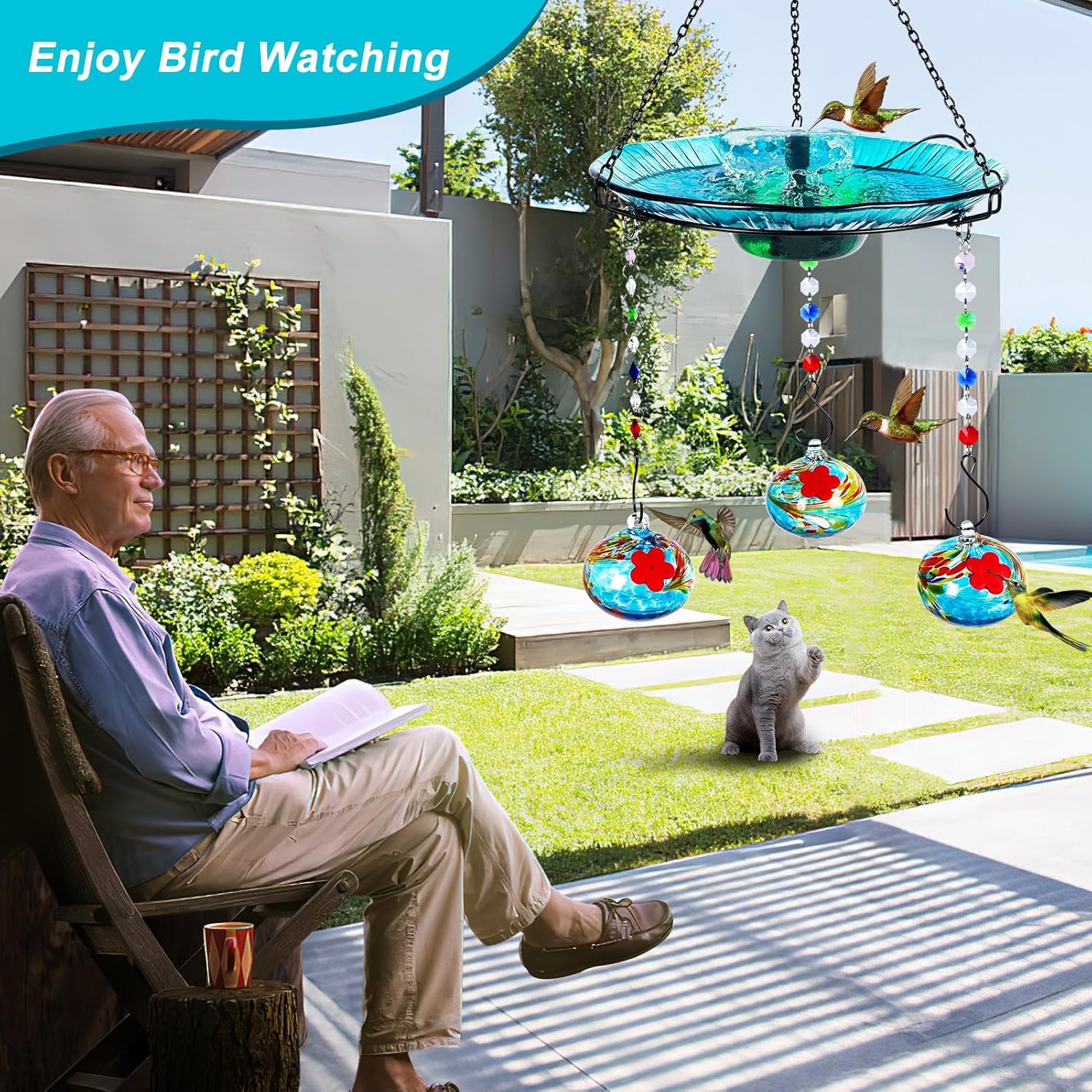 81aIPvplWEL._AC_SL1500_.jpg Hummingbird Feeder and Bird Bath for Outdoors 2-in-1 for Small Birds - Hummingbird Bath Fountain with 3 Red Feeder Pots - Hanging Solar Bird Bath Fountains NY1-FN04 - Image 3
