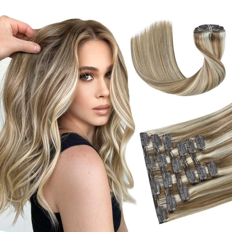 HUAYI Clip In Hair Extensions - Ash Blonde Mixed Platinum Blonde 120g 14 Inch, Real Human Hair Extensions for Women, Premium Quality Hair Extensions Real Human Hair for a Natural Look