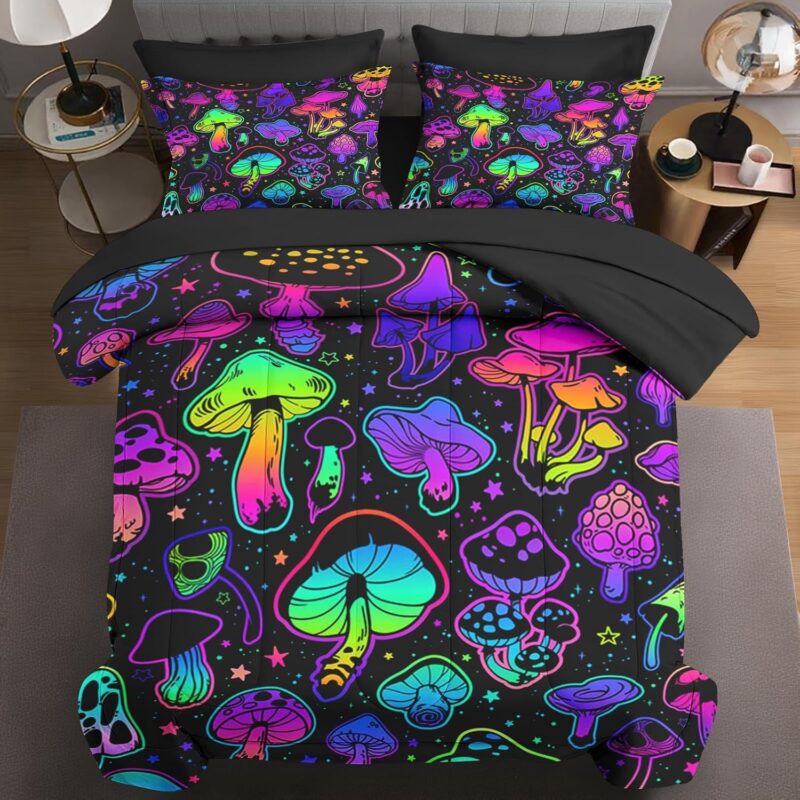 7 Pcs Queen Size Comforter Set with 2 Pillowcases & 2 Shams, Colorful Neon Mushroom Bedding for Kids and Adults, Summer Purple Plant Bed in a Bag with Flat Fitted Sheet