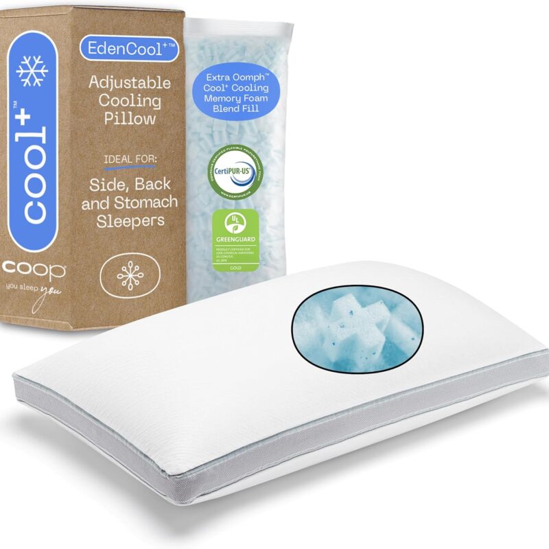 Coop Home Goods Cool+ Adjustable Pillow, Queen Size Plus Shaped Memory Foam Pillows with Cooling Gel, Back, Stomach or Side Sleeper, Neck Support for Sleeping, CertiPUR-US/GREENGUARD Gold