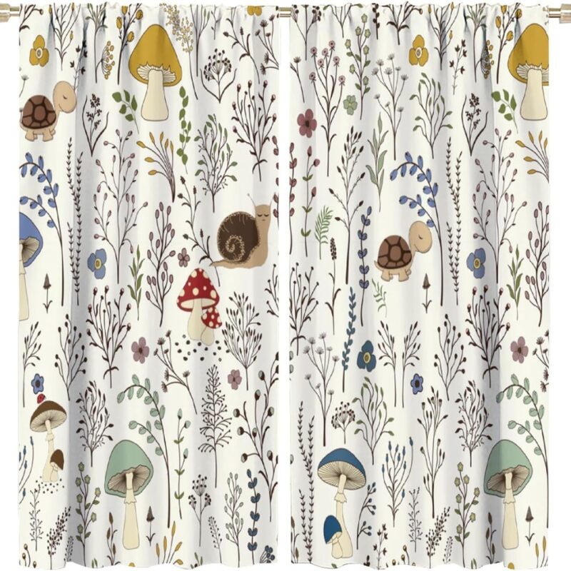 Retro Farmhouse Mushroom Kitchen Curtains Nature Wild Plant Floral Turtle Snail Rod Pocket Blackout Window Drapes for Living Room Bedroom Home Decor W31.5xL63in 2 Panels