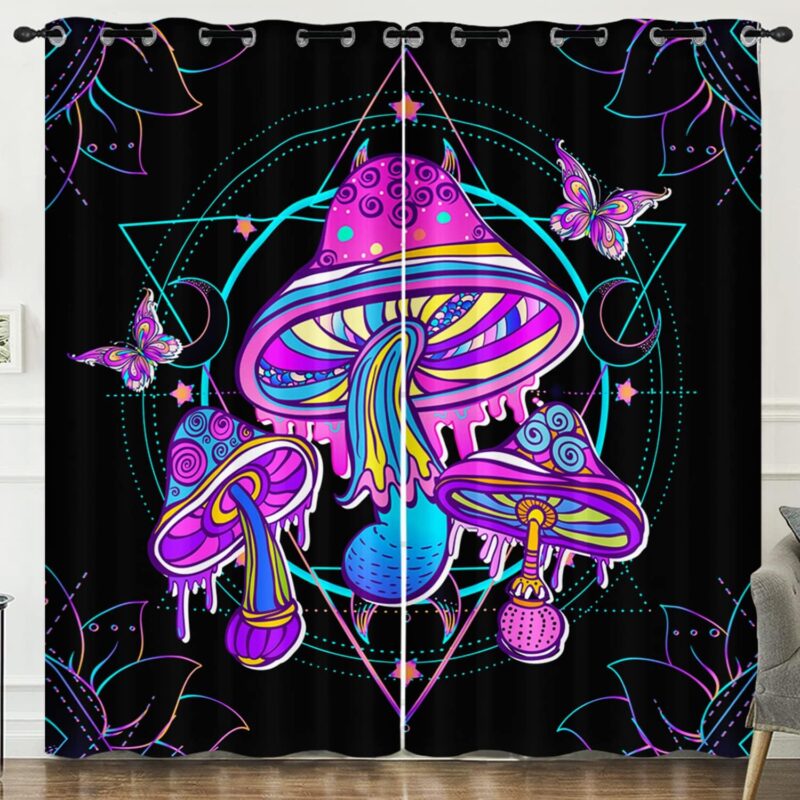 HOSIMA Magic Mushroom Curtains - 2 Panel Mandala Floral Butterfly Curtains for Living Room, Teen Girls' Trendy Room Decor, Black, 52W x 84H Inch