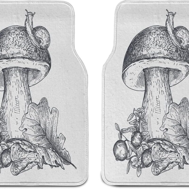Ambesonne Autumn Car Mat Set of 2, Hand Drawing Mushroom Oak Leaf Snail Fall Season Cranberry Forest Composition, Front Seat Floor Mat Durable PVC Backing Accesory, 27.5" x 17.9", Dark Blue Grey