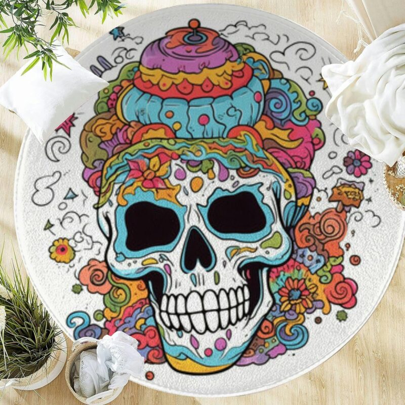 Large Round Washable Area Rugs 5ft Cosmic Skull Wonderland Mushroom Fantasy Festival Colorful Tattoo Rugs for Bedroom Living Room Dining Room Table Kitchen Bathroom Entryway Circular Carpet