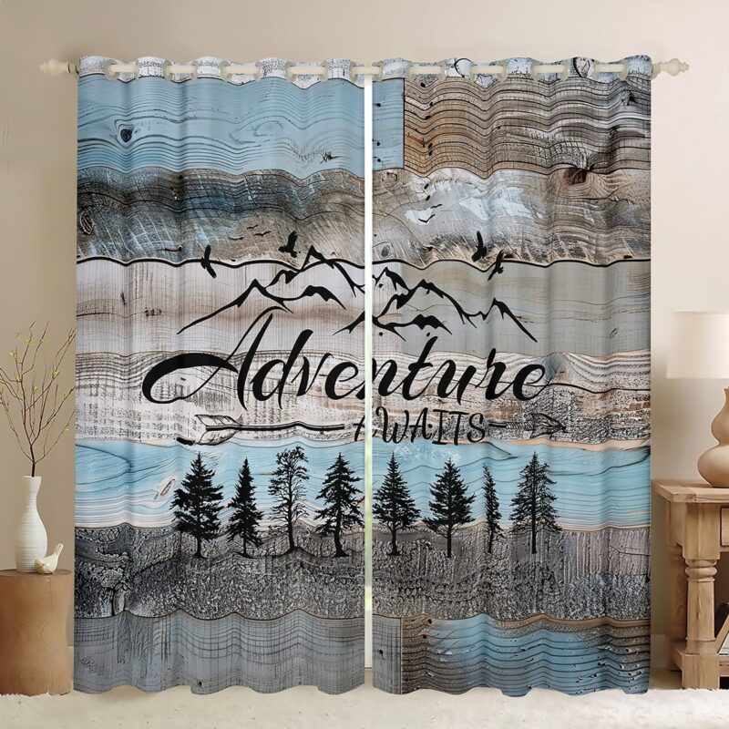 Rustic Farmhouse Blackout Curtains, Happy Camping Curtains For Boys Kids Teens Camper Curtains & Drapes Bedroom Living Room Decor, Black Sketch Drawing Window Treatments 2 Panels 52''Wx84''L