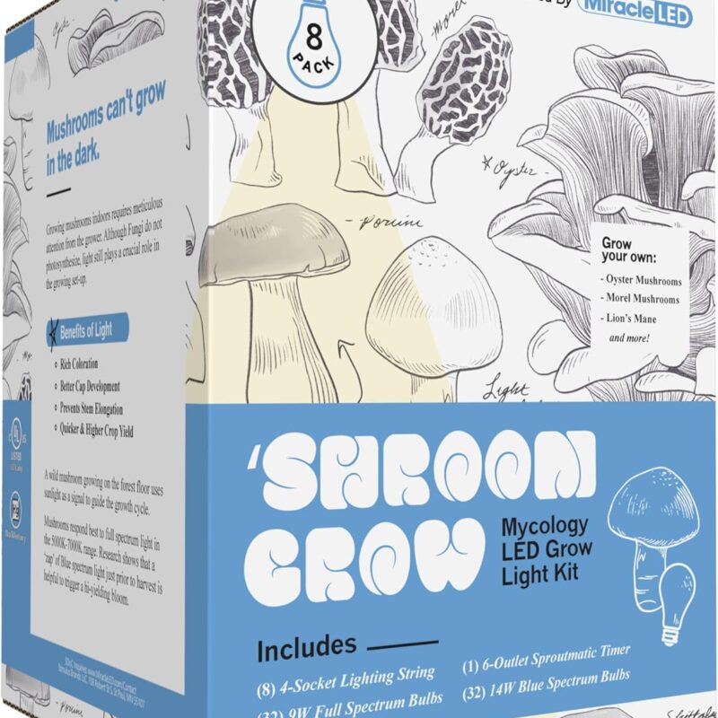 Miracle LED Shroom Indoor Grow Light Kit for Oyster, Shiitake Mushrooms - 4 Absolute Daylight Full & 4 Blue Plus Spectrum Replace 150W LED Grow Bulbs & 1 4-Socket Corded Fixture with Timer (8-Pack)