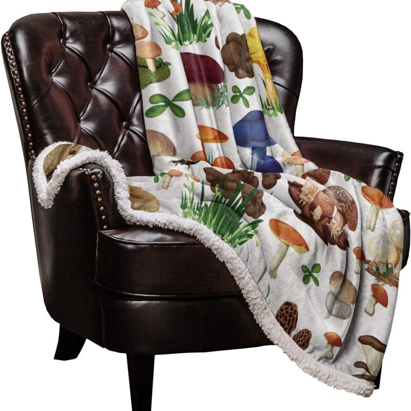 Sherpa Flannel Throw Blankets Colorful Mushrooms Luxury Plush Thick Fleece Blanket Reversible Soft Warm Bed Blanket for Couch Chair Bed Sofa Forest Wild Plant 50 x 80 inch