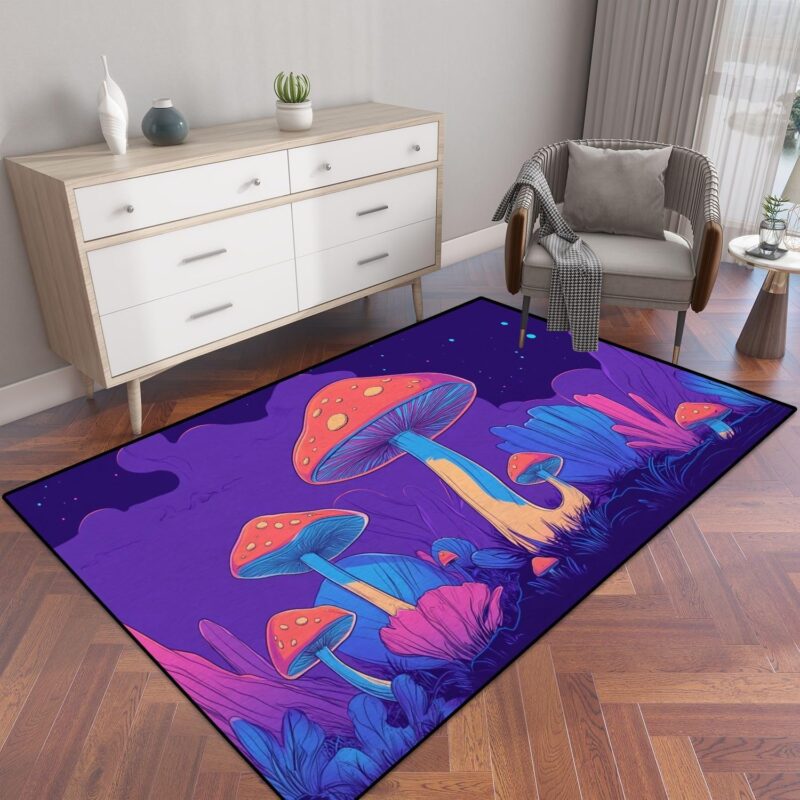 Mushrooms Growing Brain 2D Cartoon Psychedelic Nature Colorful Area Rug Outdoor Patio Rug Play Mat Modern Floor Carpet Non-Slip Home Decor Living Room Kids Bedroom Nursery, 3x5 ft
