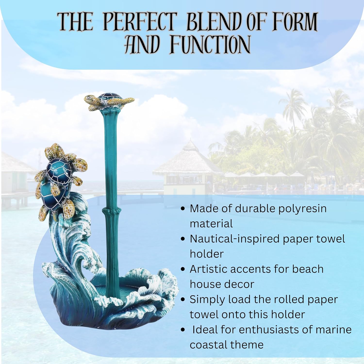 81frCZRH4-L._AC_SL1500_.jpg Nautical Paper Towel Holder with Sea Turtle and Ocean Wave Design for Beach-Inspired and Decorative Kitchen Décor - Coastal-Inspired Freestanding & Tabletop Kitchen Accesorries and Marine Life Theme - Image 3