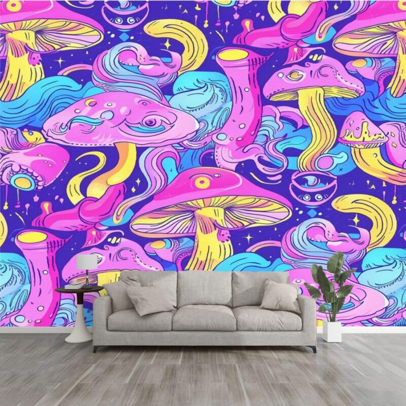 3D Wallpaper Magic mushrooms seamless pattern Psychedelic hallucination Vibrant 60s Self Adhesive Bedroom Living Room Dormitory Decor Wall Mural Stick And Peel Background Wall Ceiling Wardrobe Sticker