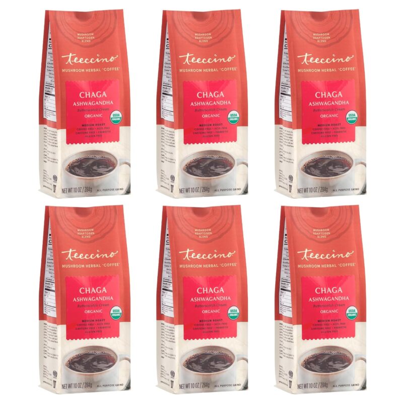 Teeccino Chaga Ashwagandha Coffee Alternative - Butterscotch Cream - Organic, Adaptogenic Herbal Mushroom Coffee, Medium Roast, Caffeine Free, Prebiotic, Acid Free, Gluten Free - 10 oz (Pack of 6)