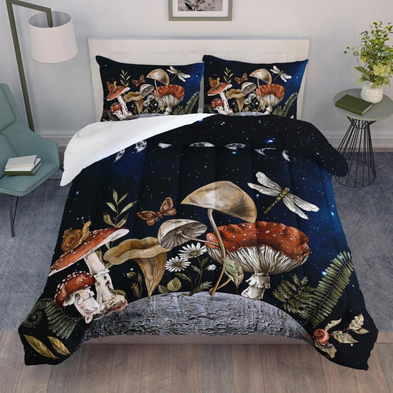 AILONEN Mushroom Comforter Set Full Size, Magic Mushroom Bedding Set for Kids Girl,Nature Plant Boho Style Bed in a Bag,3Pcs,1 Quilt and 2 Pillowcases,Microfibre
