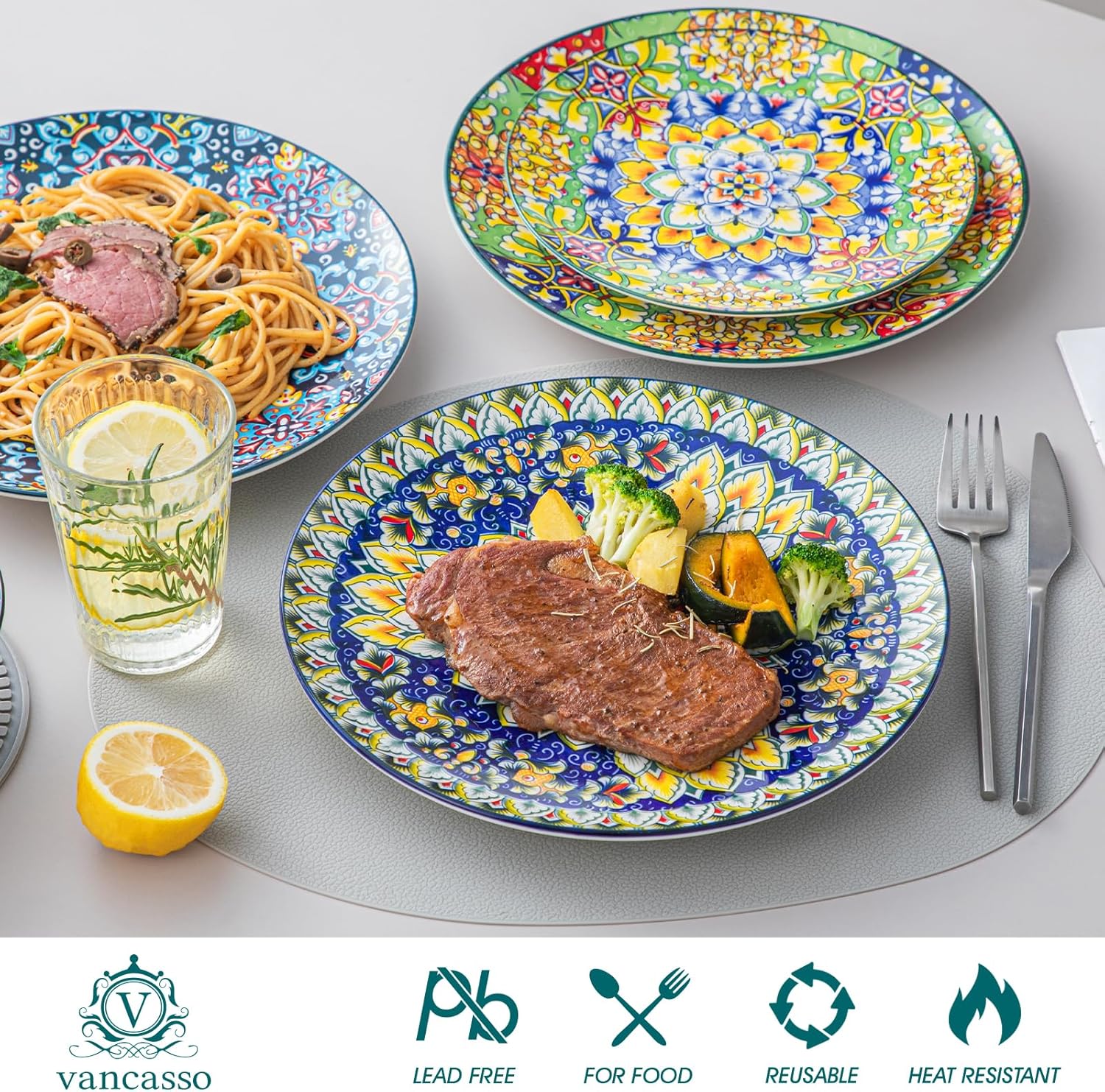 81hpgPoQgQL._AC_SL1500_.jpg vancasso Dinner Plates Set of 6-10.5 Inch Ceramic Plates, Microwave, Oven and Dishwasher Safe, Colorful Bohemian Style Dishes for Kitchen - Image 3