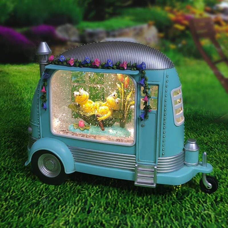 6.75”H Acrylic Water Globe Spring Camper with Frogs Scene - LED Lights, Water Spinning Glitter, Battery Operated
