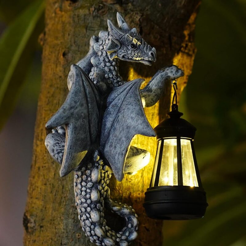 Goodeco Dragon Tree Hugger Solar Lantern Garden Statue - 9.3 Inch Resin Dragon Decor for Outdoor, Perfect Garden Gift & Yard Decor