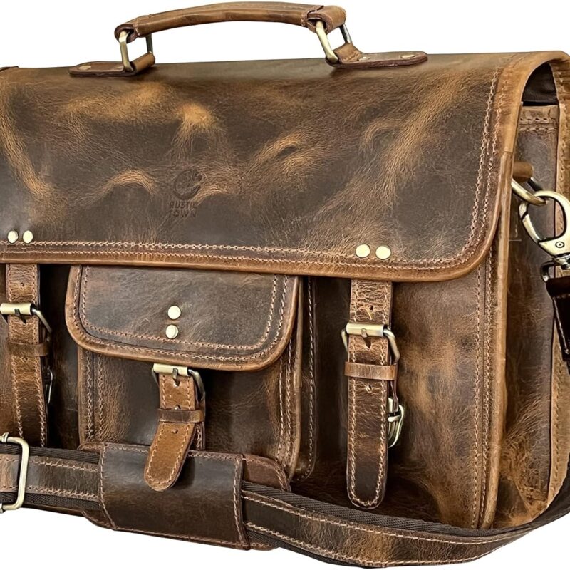 RUSTIC TOWN Leather Messenger Bag for Men - Full Grain Leather Briefcase Laptop Satchel Office Crossbody Travel Bag