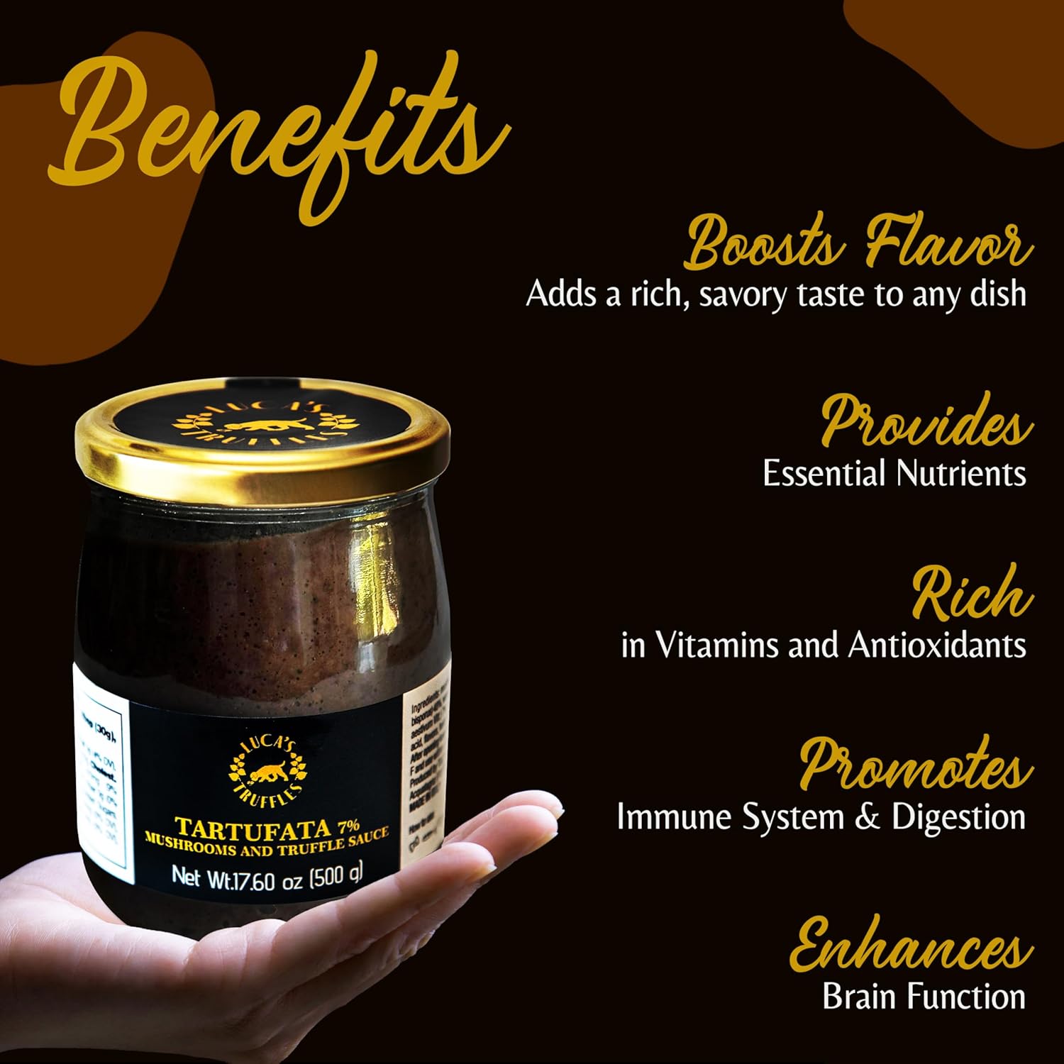 81jEQmKd9vL._SL1500_.jpg Luca's Tartufata Truffle Sauce 17.60oz (500g) - Salsa Tartufata Champignons, Olive Oil, Black Truffles for Steak, Pizza, or Pasta Sauce – Truffled Italian Seasoning Sauce - Image 3
