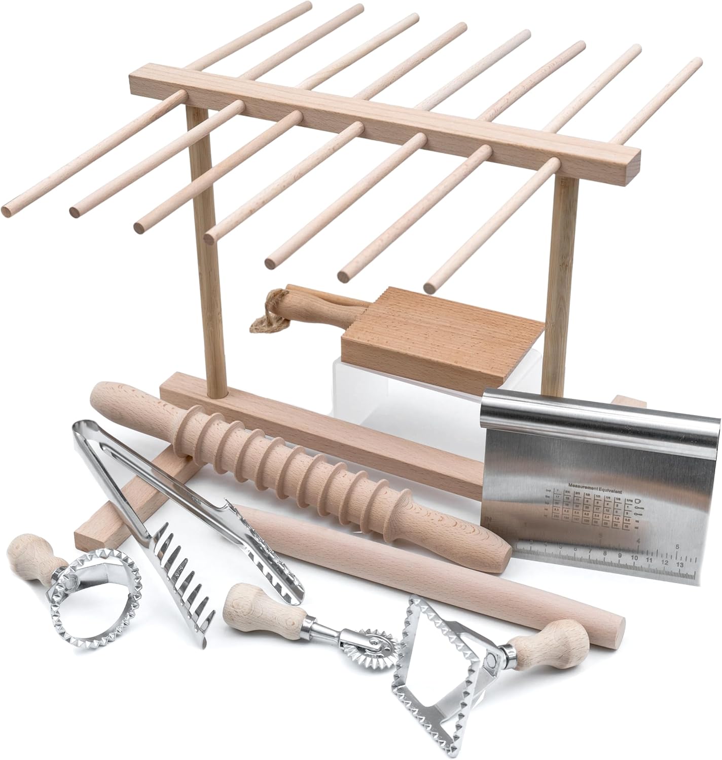 81jIaDB5pNL._AC_SL1500_.jpg Ultimate 9 Pcs Pasta Making Tool Set Pasta Drying Rack, Pasta Tongs, Two Ravioli Stamp Maker Cutter And Roller Wheel Set, Two Pasta Rolling Pins, Gnocchi Board and Scraper By Cotswold Homeware Co