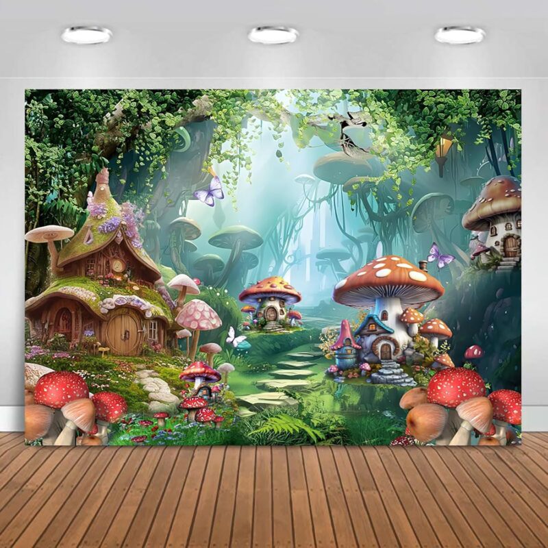 12x10 ft Fantasy Forest Mushroom House Backdrop Spring Theme Butterflies Magic World Photography Background Newborn Baby Shower Birthday Cake Table Banner Photo Props