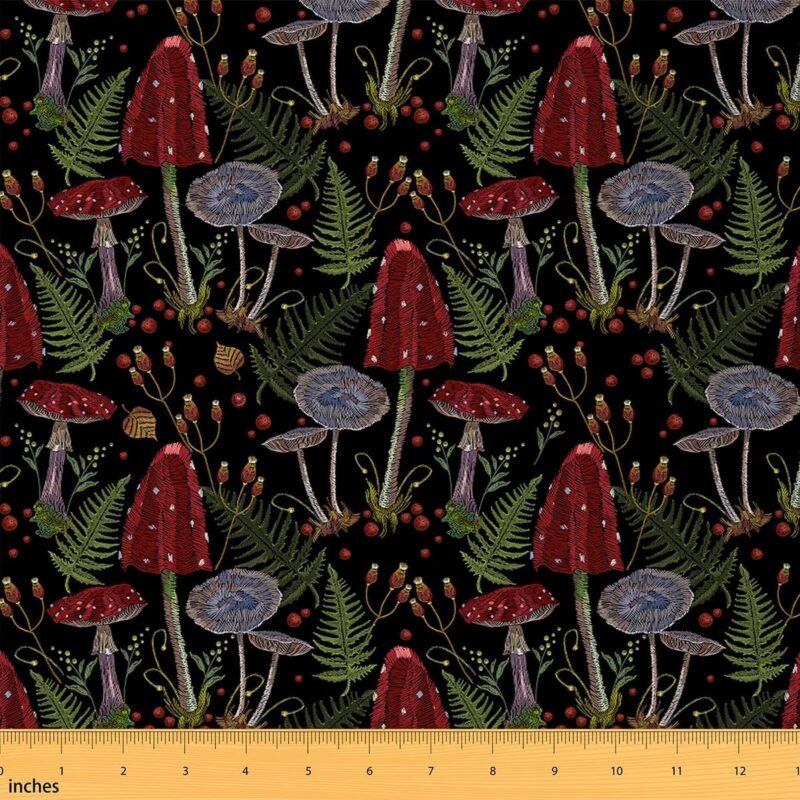 Mushroom Material Fabric by The Yard, Embroidered Plant Upholstery Fabric, Wild Nature Botanical Leaves Decorative Fabric, Wild Fruit Burgundy Retro Jungle Craft Patchwork, Green Red Black, 5 Yards