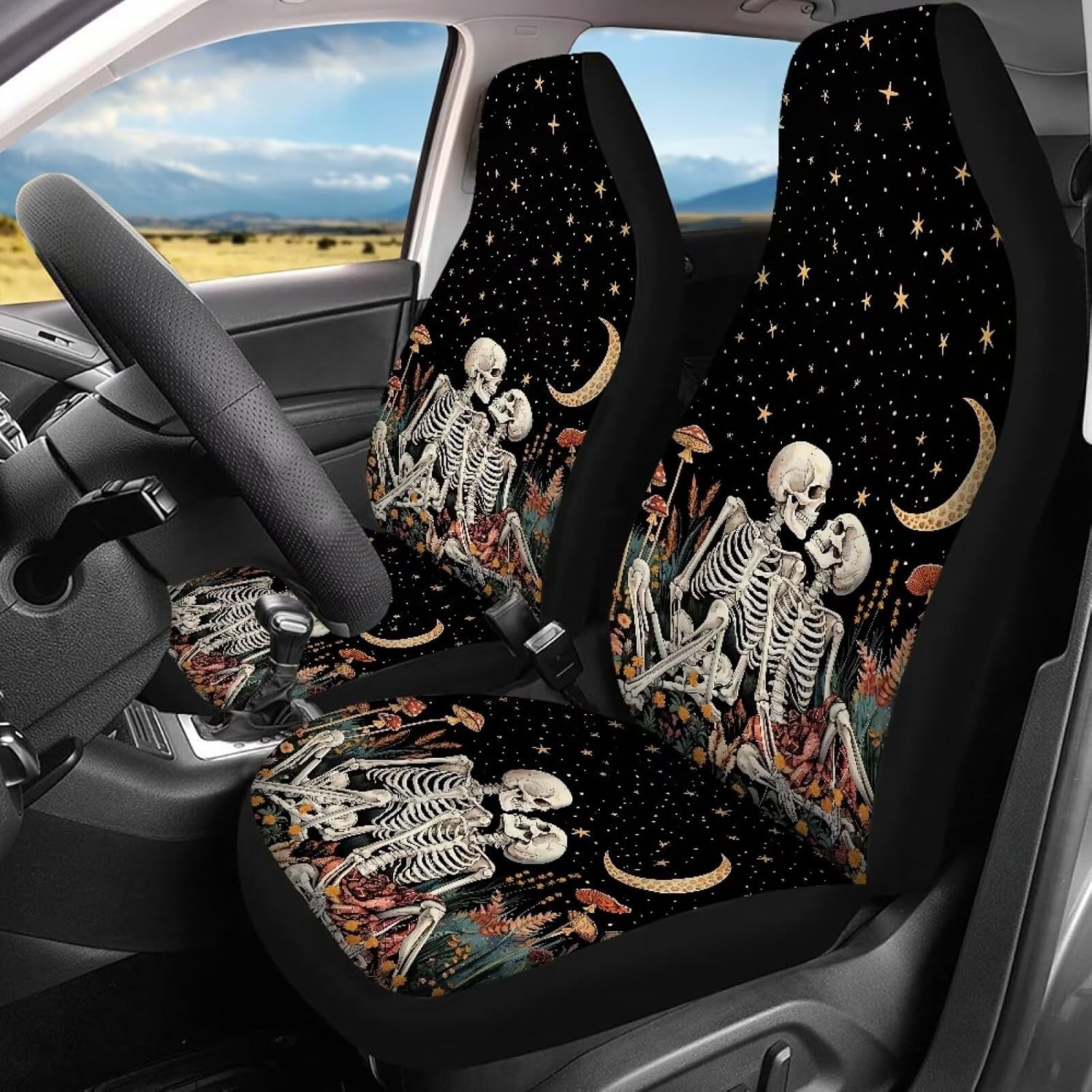 81jxU1eTvgL._AC_SL1500_.jpg Skull Mushroom Print Car Seat Cover Full Set of 4, Moon Star Print Universal Front and Rear Bench Back Seat Cover for Cars Truck SUV, All Weather Protector, Auto Interior Accessories - Image 2